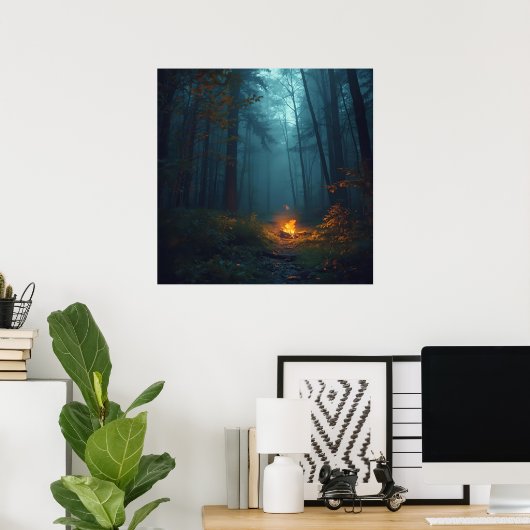 Twilight Campfire – Mystical Forest Art Print ポスター (ホームオフィス)