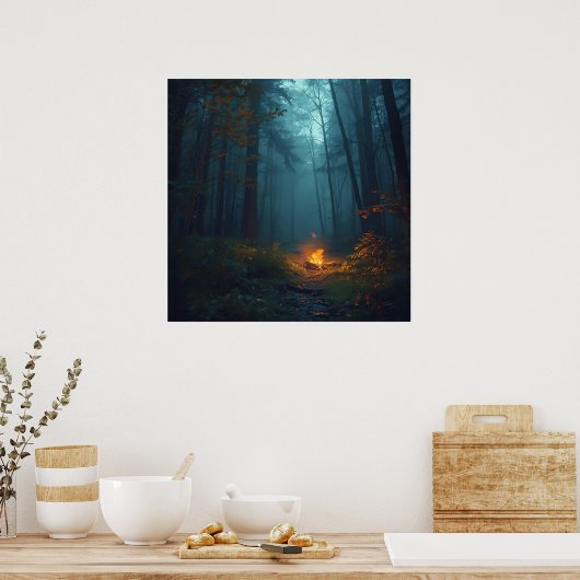 Twilight Campfire – Mystical Forest Art Print ポスター (キッチン)