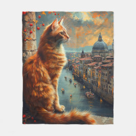 Twilight in Venice | Ginger Cat on a Canal フリースブランケット
