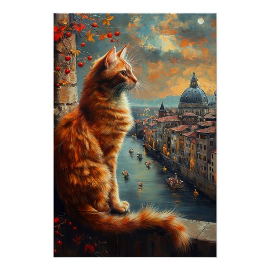 Twilight in Venice | Ginger Cat on a Canal ポスター (正面)