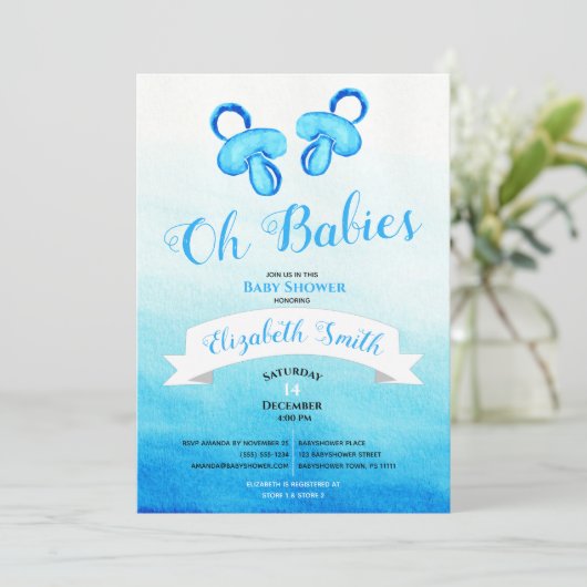 Twin baby boy watercolor babyshower 招待状 (スタンド正面)