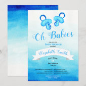 Twin baby boy watercolor babyshower 招待状 (正面/裏面)
