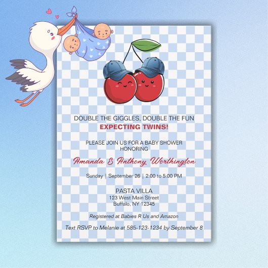 Twin Baby Boys Baby Shower Flat Card 招待状