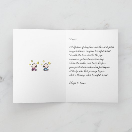 Twin Baby Congratulations, Custom Girl & Boy  カード (内部)