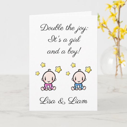 Twin Baby Congratulations, Custom Girl & Boy  カード (黄色い花)