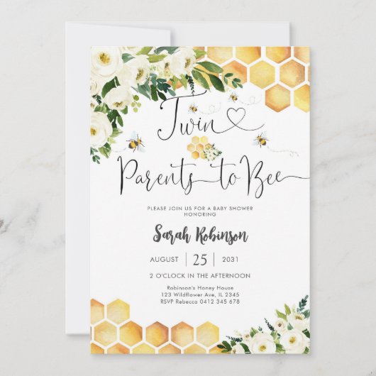 Twin Baby Shower Invitation Bee Invitation 招待状 (正面)