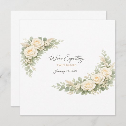 Twin Baby Shower Invitation Botanical Greenery Flo 招待状 (正面/裏面)