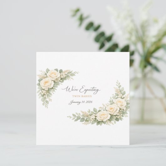 Twin Baby Shower Invitation Botanical Greenery Flo 招待状 (スタンド正面)