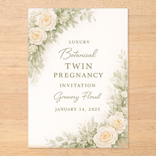 Twin Baby Shower Invitation – Elegant Botanical Fl アクリル招待状 (正面)