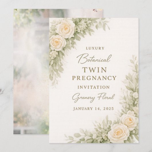 Twin Baby Shower Invitation – Elegant Botanical Fl 招待状 (正面/裏面)