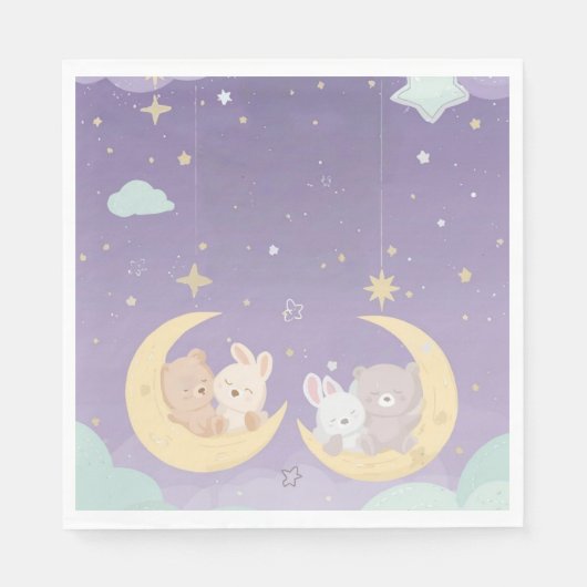 Twin Baby Shower Napkins Sleeping Animals Moon スタンダードランチョンナプキン (正面)