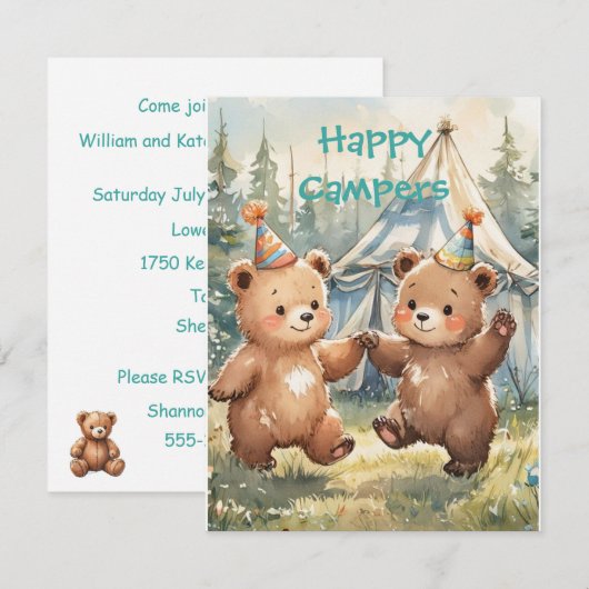 Twin Bear Birthday Digital Download Invitation 招待状 (正面/裏面)
