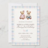 Twin Beary First Birthday Teddy Bear Plaid 招待状 (正面)