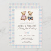 Twin Beary First Birthday Teddy Bear Plaid 招待状 (正面/裏面)
