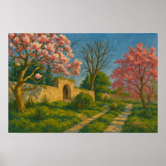 Twin Blossoms – Tranquil Garden Path Painting ポスター (正面)