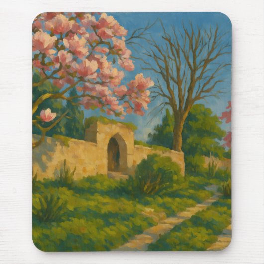 Twin Blossoms – Tranquil Garden Path Painting マウスパッド (正面)