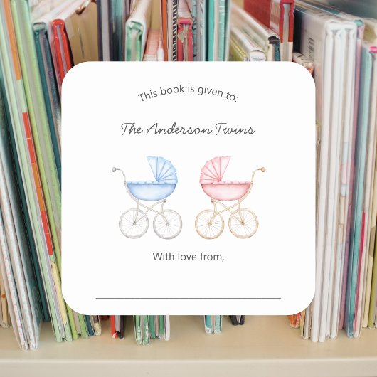 Twin boy and girl Baby Shower bookplate スクエアシール