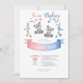 Twin boy and girl Cute bear babyshower 招待状 (正面)