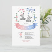 Twin boy and girl Cute bear babyshower 招待状 (スタンド正面)