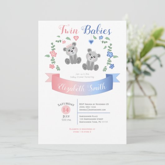 Twin boy and girl Cute bear babyshower 招待状 (スタンド正面)