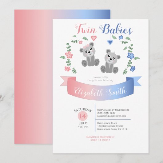 Twin boy and girl Cute bear babyshower 招待状 (正面/裏面)