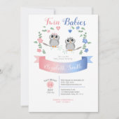 Twin boy and girl Cute owls babyshower 招待状 (正面)