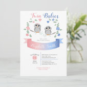 Twin boy and girl Cute owls babyshower 招待状 (スタンド正面)