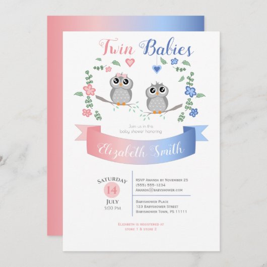 Twin boy and girl Cute owls babyshower 招待状 (正面/裏面)