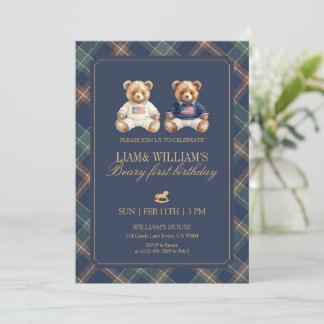 Twin Boy Beary First Birthday Teddy Bear 招待状