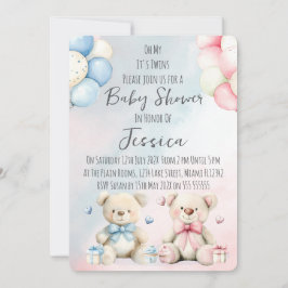 Twin Boy & Girl Bear Baby Shower Invitation 招待状