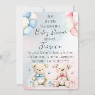 Twin Boy & Girl Bear Baby Shower Invitation 招待状
