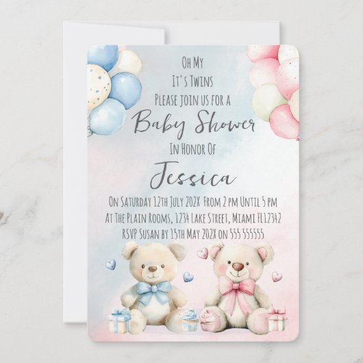 Twin Boy & Girl Bear Baby Shower Invitation 招待状 (正面)