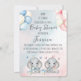 Twin Boy & Girl Elephant Baby Shower Invitation 招待状