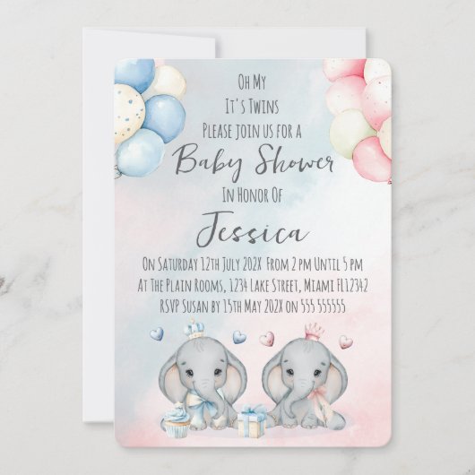 Twin Boy & Girl Elephant Baby Shower Invitation 招待状 (正面)