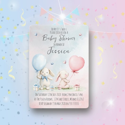 Twin Boy & Girl Rabbit Baby Shower Invitation 招待状
