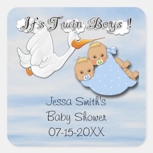 Twin Boys Blonde - Stork Baby Shower Favorステッカー スクエアシール (正面)