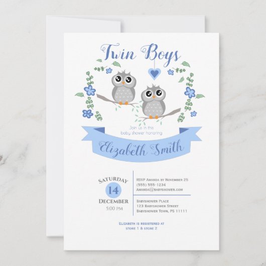 Twin Boys Cute owls babyshower 招待状 (正面)