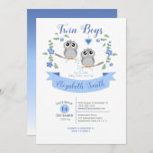 Twin Boys Cute owls babyshower 招待状 (正面/裏面)