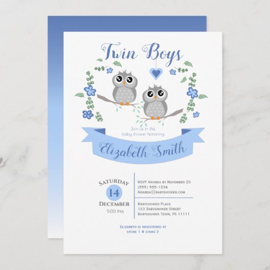 Twin Boys Cute owls babyshower 招待状 (正面/裏面)