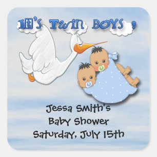 Twin Boys - Stork Baby Showerスティッカー好み スクエアシール