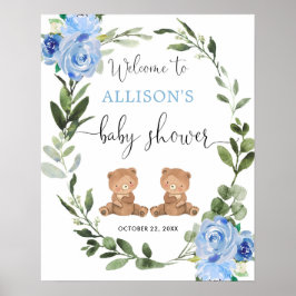 Twin boys teddy bear baby shower welcome sign ポスター