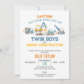 Twin Boys under Construction, Digger Baby Shower 招待状