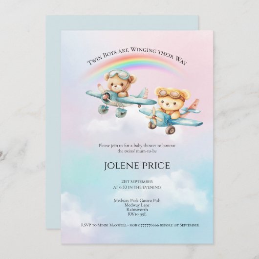 Twin Boys, Winging their Way Baby Shower  (正面/裏面)