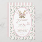 Twin Bunny Pink Roses Girl Baby Shower 招待状 (正面/裏面)
