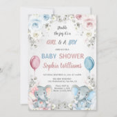 Twin Elephant Baby Shower Boy & Girl Twins 招待状 (正面)