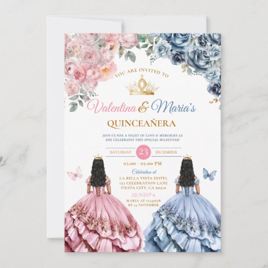 Twin Girl Dress Quinceañera 15 Anos Flowers Gold 招待状 (正面)