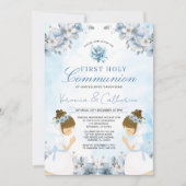 Twin Girl Praying 1st Holy Communion Blue Flowers 招待状 (正面)