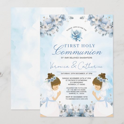 Twin Girl Praying 1st Holy Communion Blue Flowers 招待状 (正面/裏面)