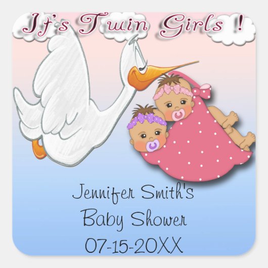 Twin Girls BH - Stork Baby Showerベビーシャワーのベビースタンプ スクエアシール (正面)