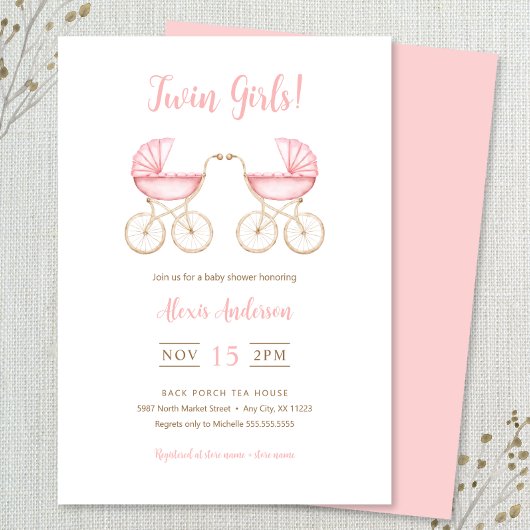 Twin Girls Carriages Baby Shower Invitation 招待状